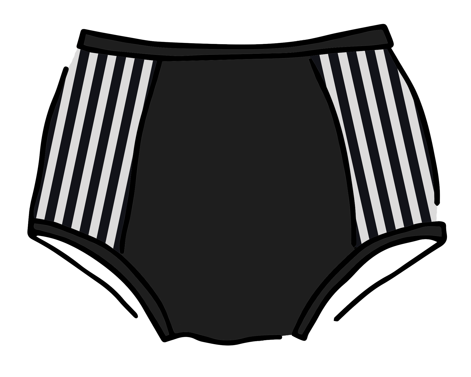 Drawing of Thunderpants Original style Panel Pants in Black and White Stripe sides and Black front. 
