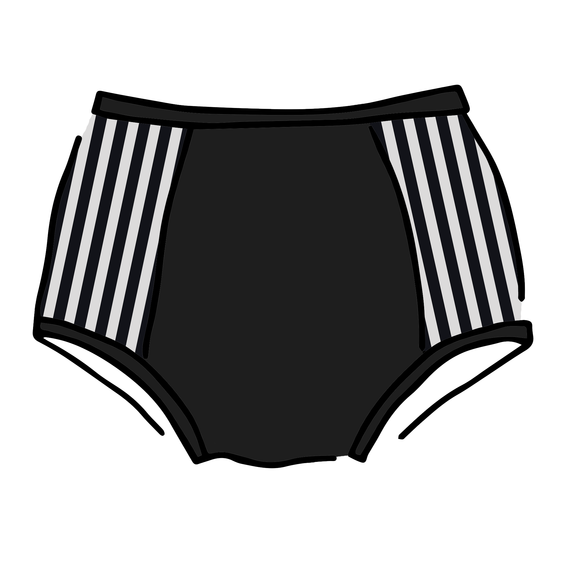 Drawing of Thunderpants Original style Panel Pants in Black and White Stripe sides and Black front. 