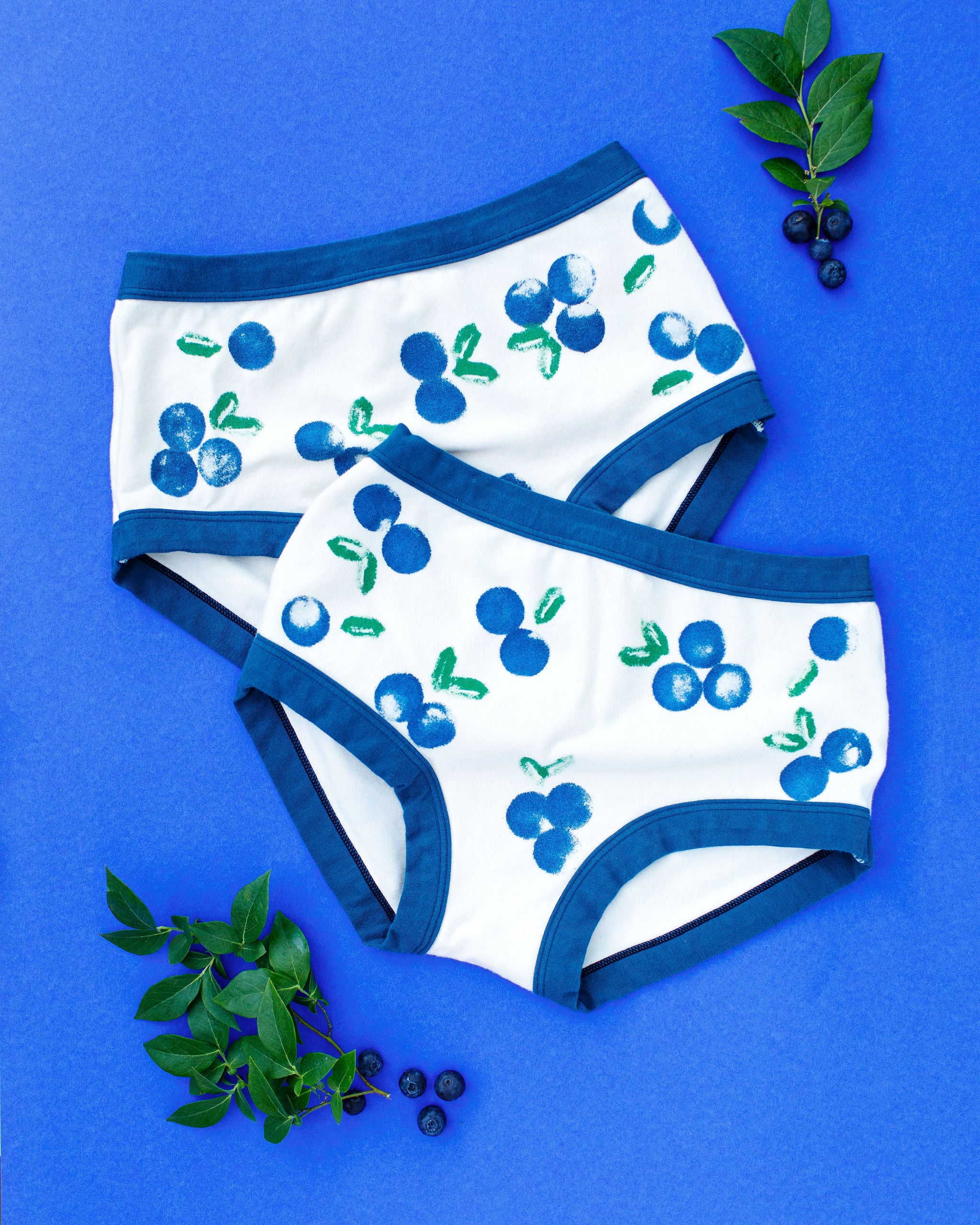 Flat lay of Thunderpants Original style underwear with a blue and green Blueberry print and blue binding. 