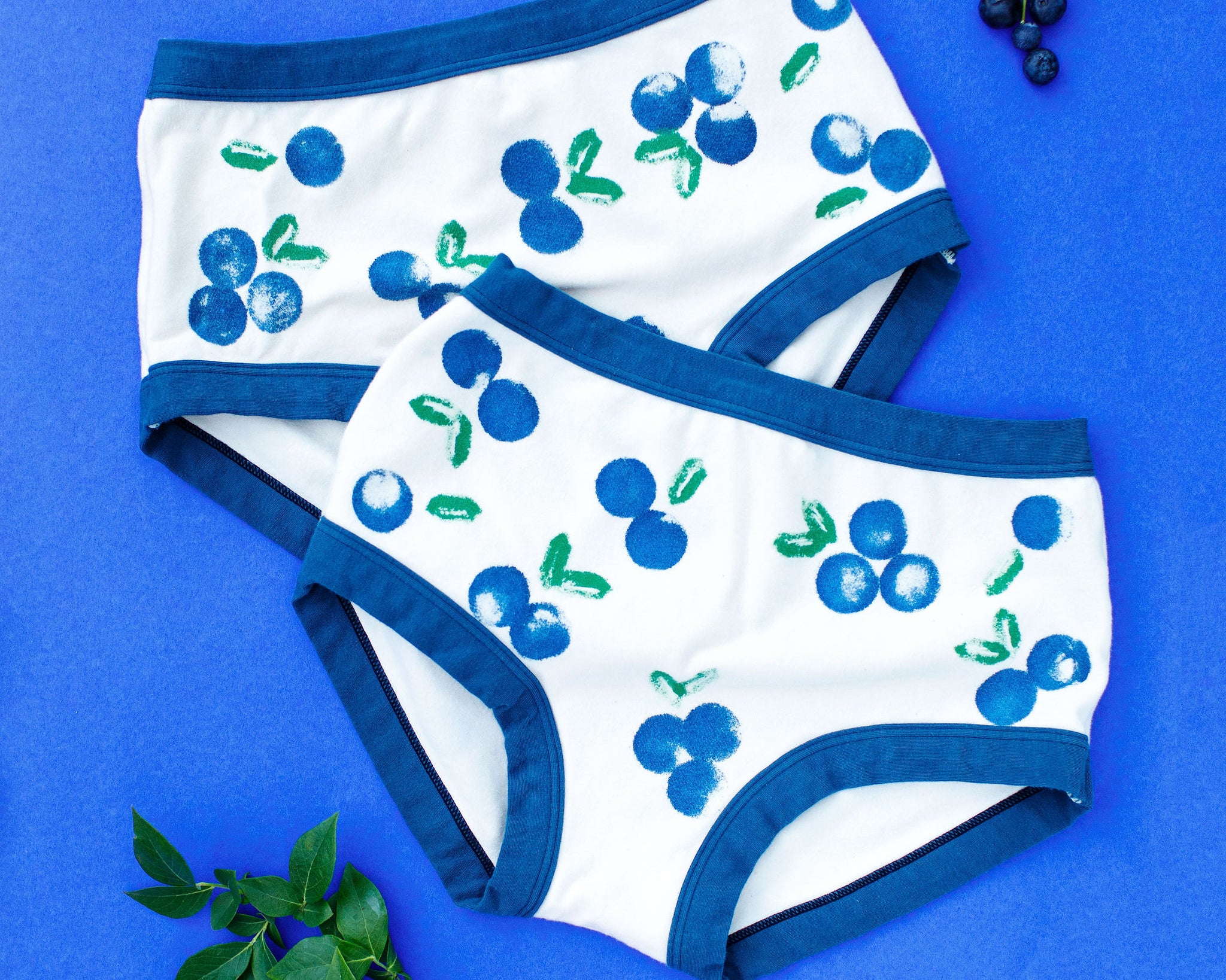 Flat lay of Thunderpants Original style underwear with a blue and green Blueberry print and blue binding. 