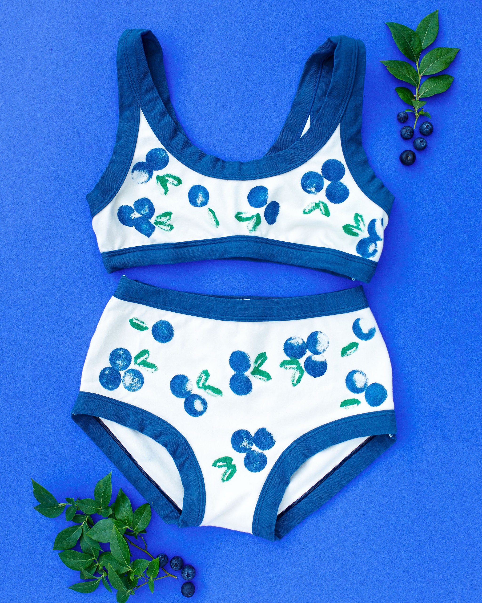 Flat lay of Thunderpants Bralette  and Original style underwear with a blue and green Blueberry print and blue binding. 