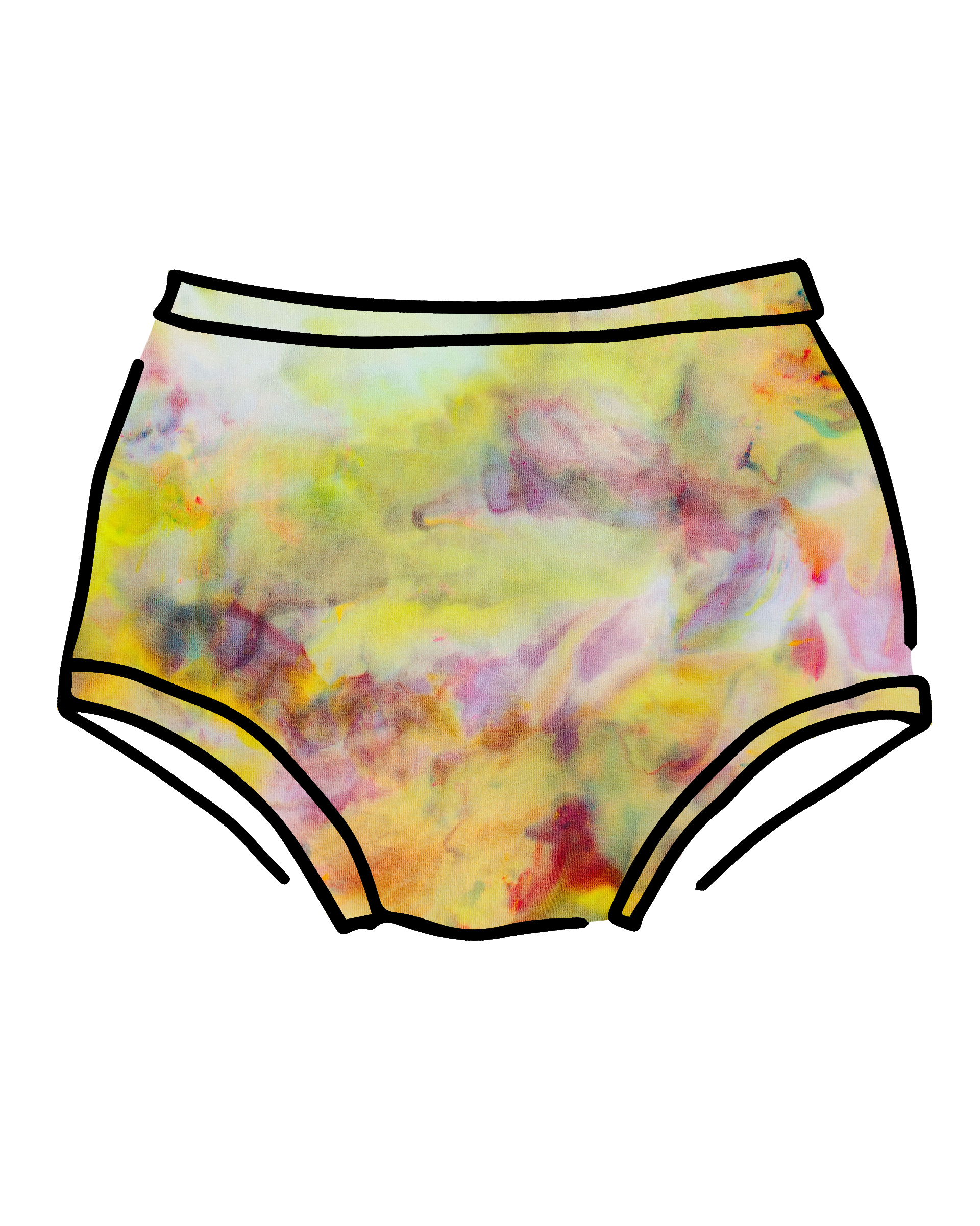 Drawing of Thunderpants Original style underwear in Citrus Blossom Dye - hand dyed yellow, pink, and purple.