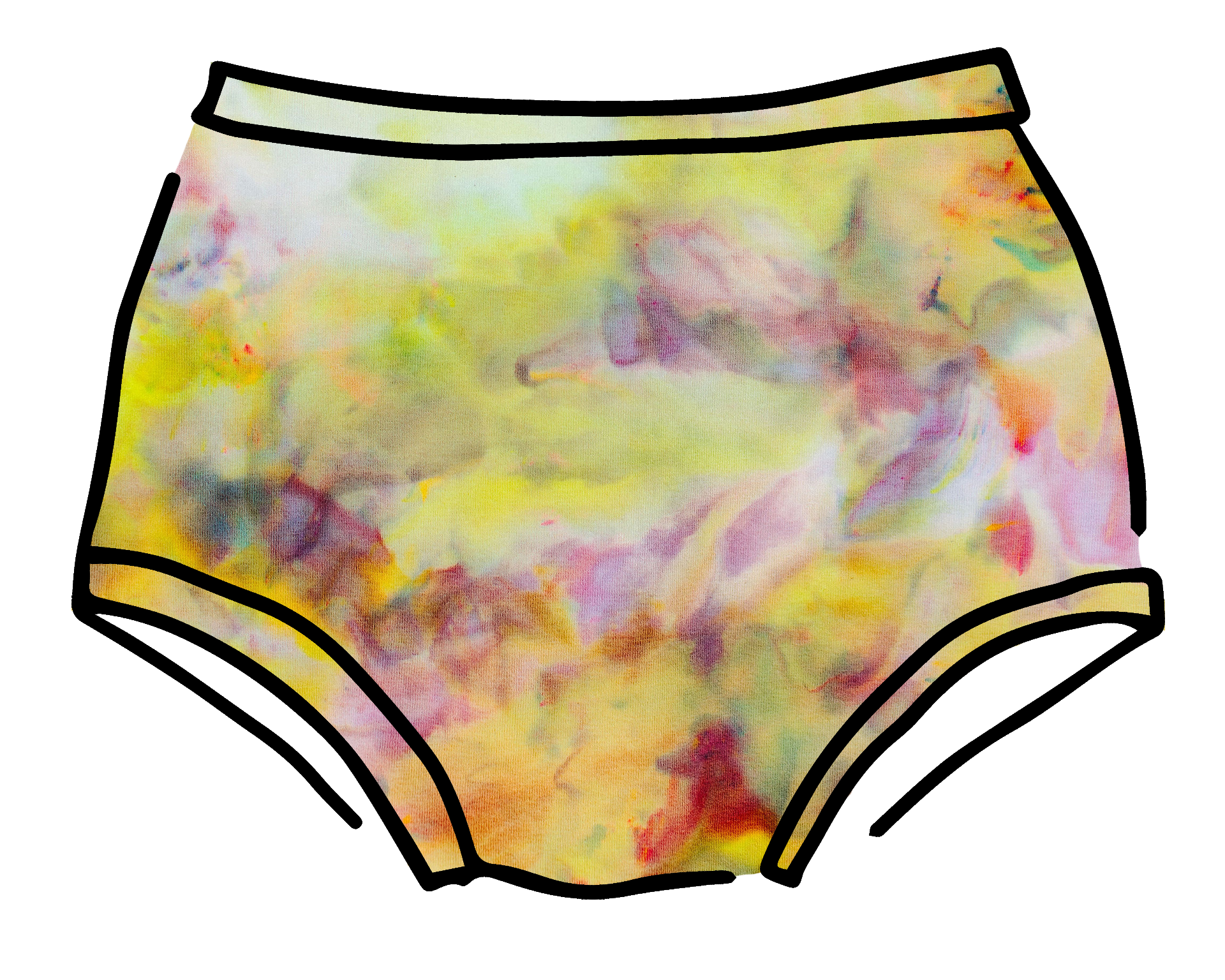 Drawing of Thunderpants Original style underwear in Citrus Blossom Dye - hand dyed yellow, pink, and purple.
