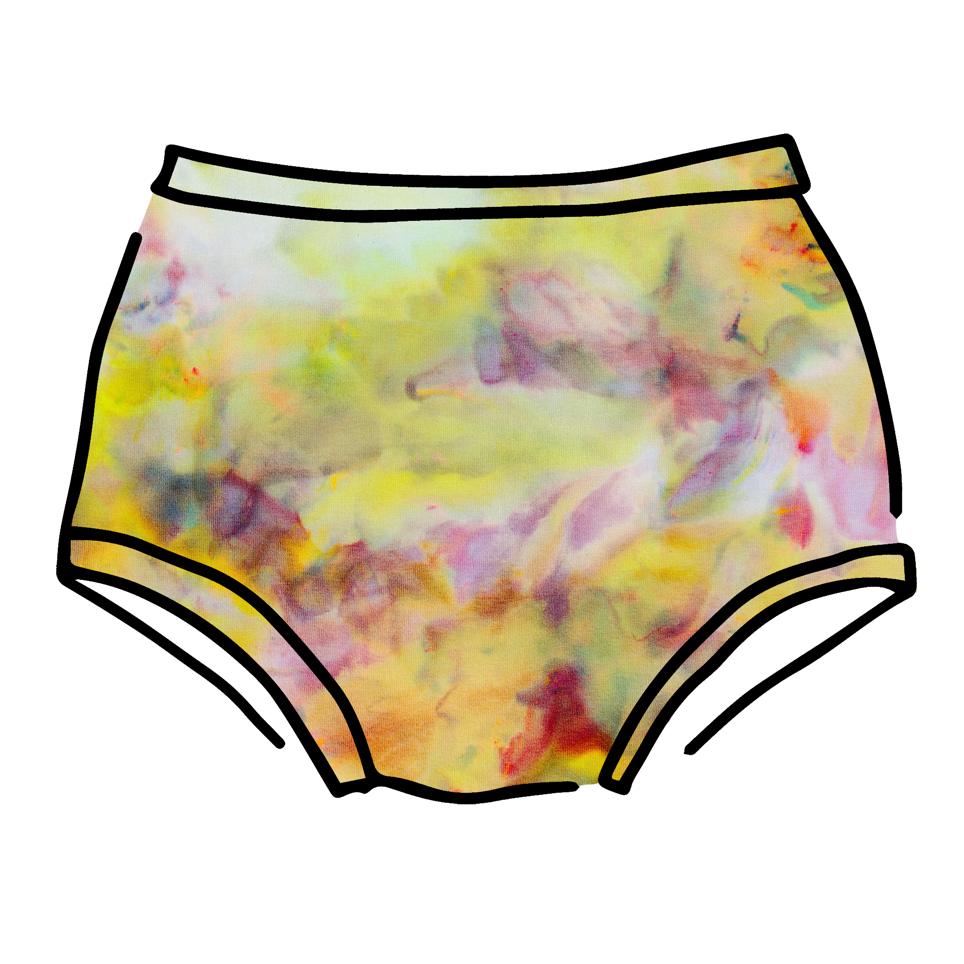 Drawing of Thunderpants Original style underwear in Citrus Blossom Dye - hand dyed yellow, pink, and purple.