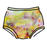 Drawing of Thunderpants Original style underwear in Citrus Blossom Dye - hand dyed yellow, pink, and purple.