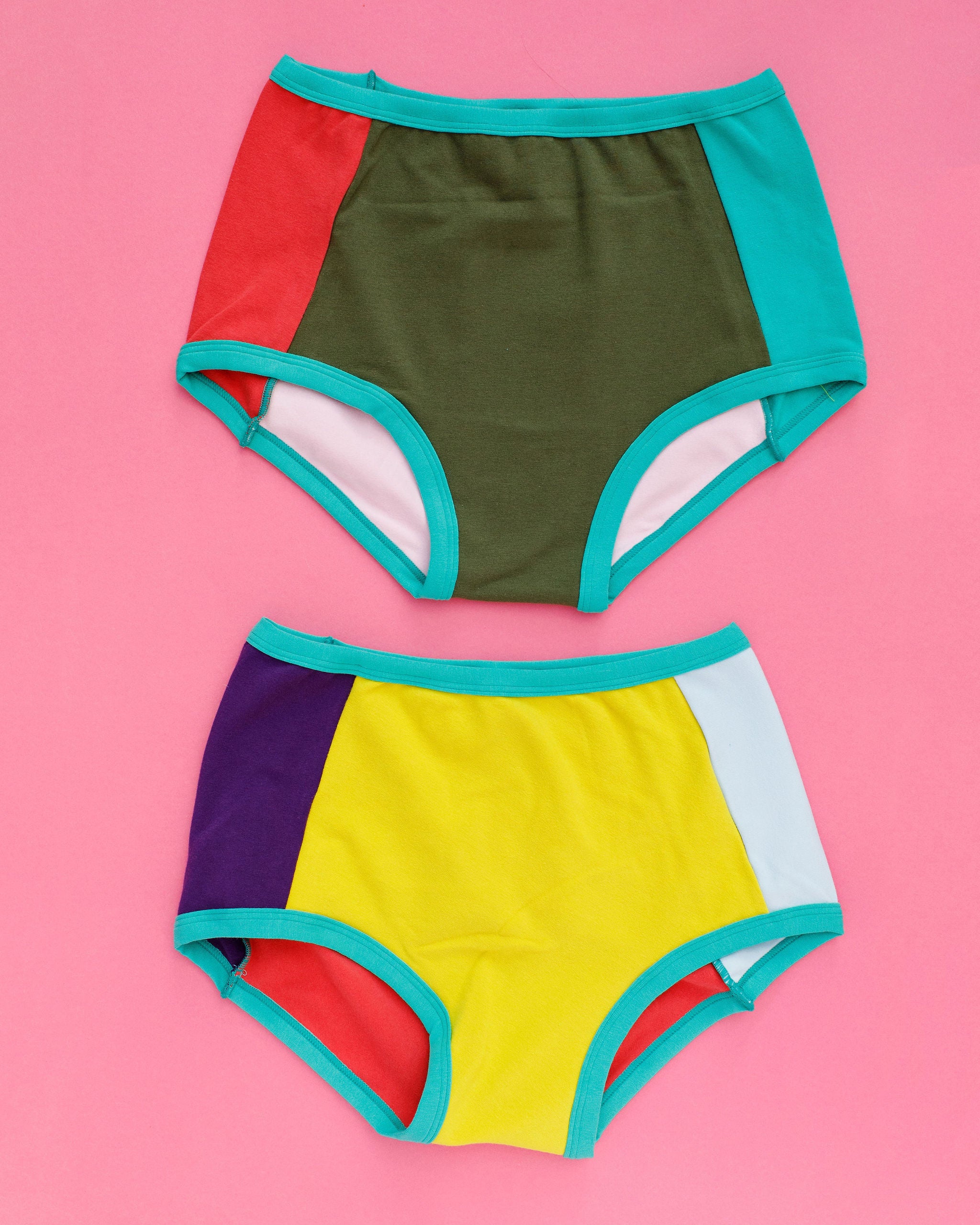 Flat lay of Thunderpants Original style underwear in Original Color Block Panel Pants - different solid colors.