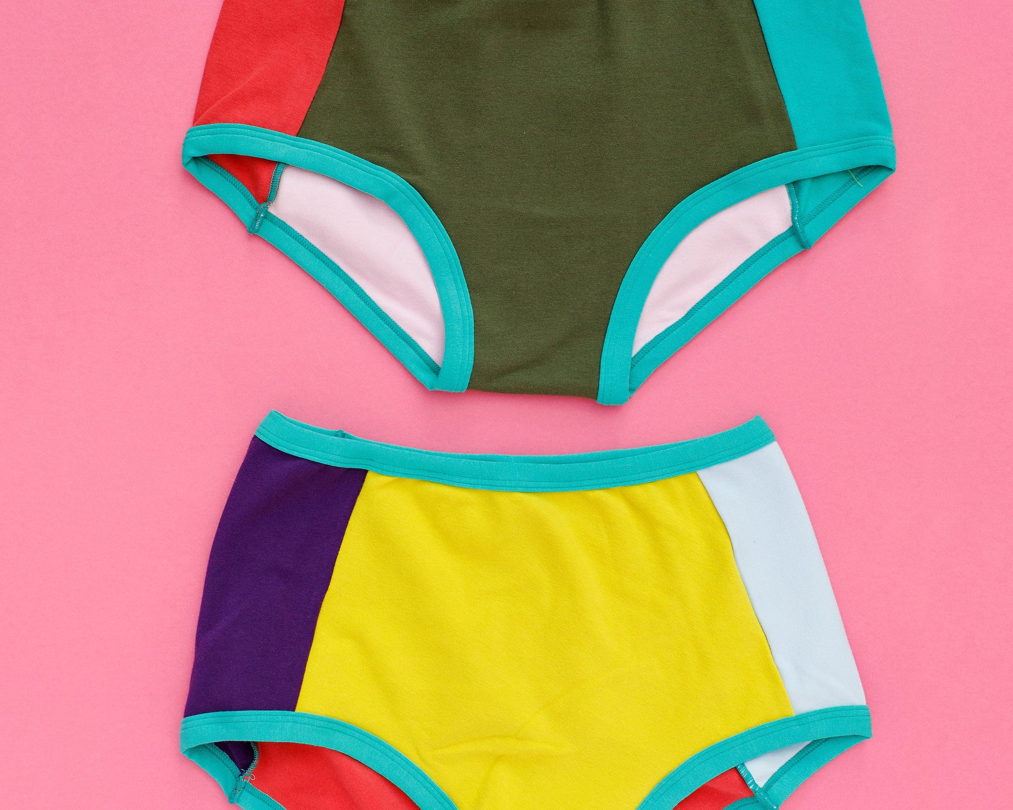 Flat lay of Thunderpants Original style underwear in Original Color Block Panel Pants - different solid colors.