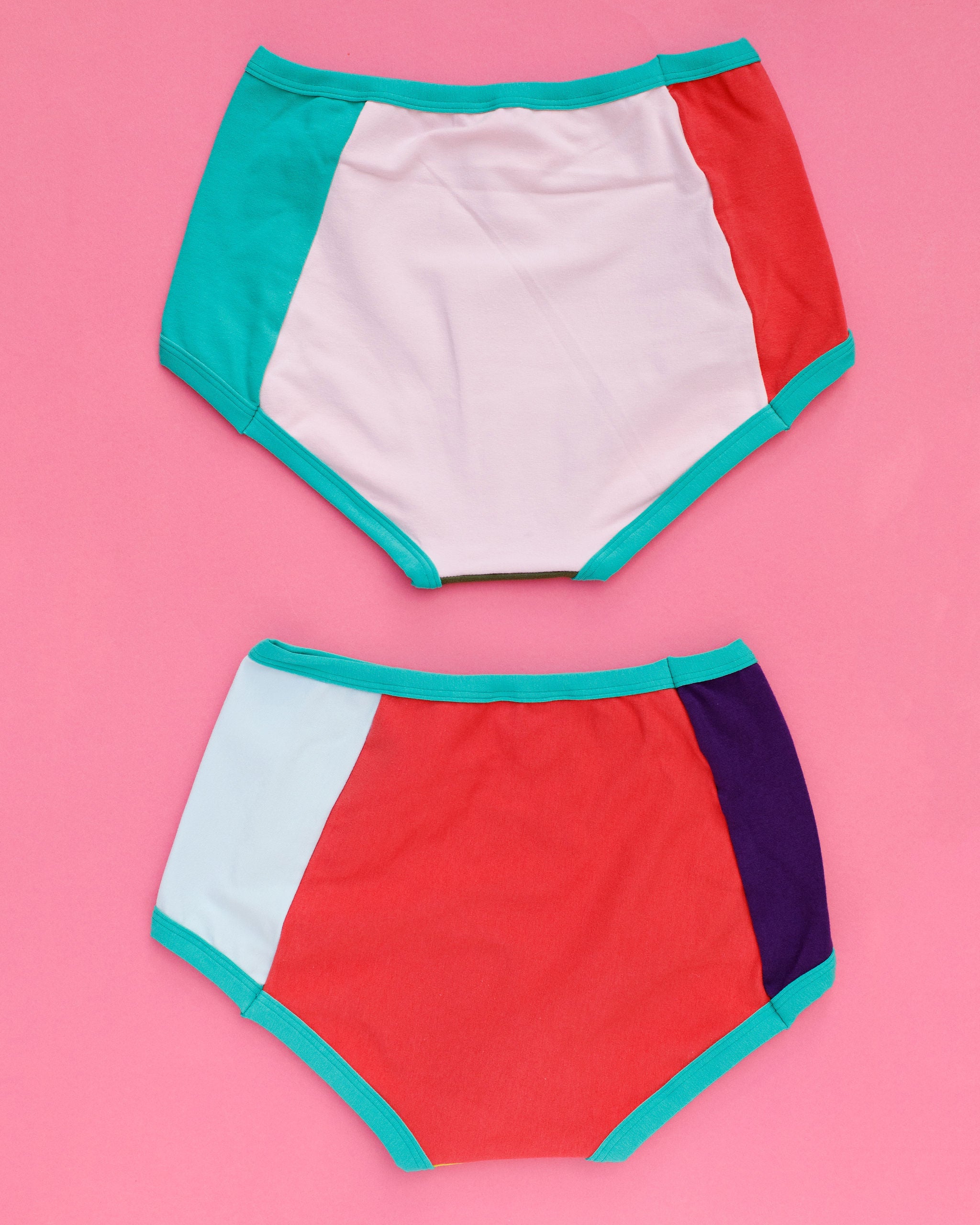 Flat lay of Thunderpants Original style underwear in Original Color Block Panel Pants - different solid colors.