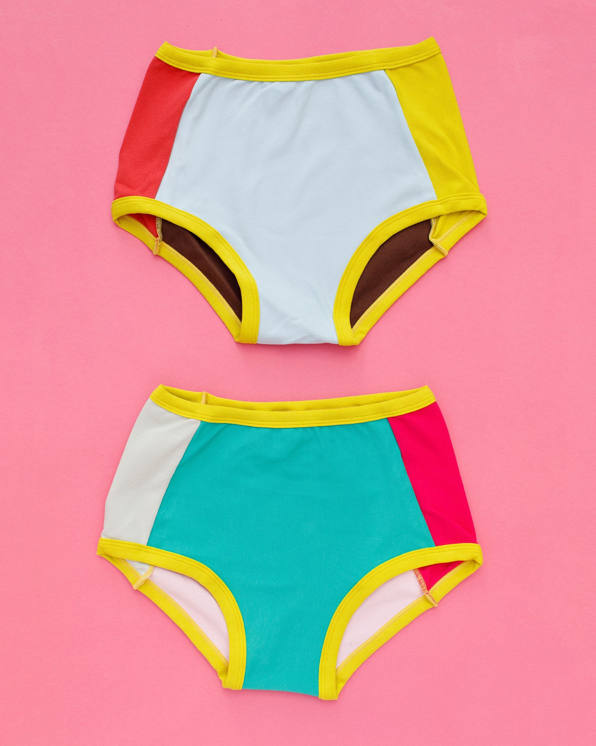 Flat lay of Thunderpants Original style underwear in Original Color Block Panel Pants - different solid colors.