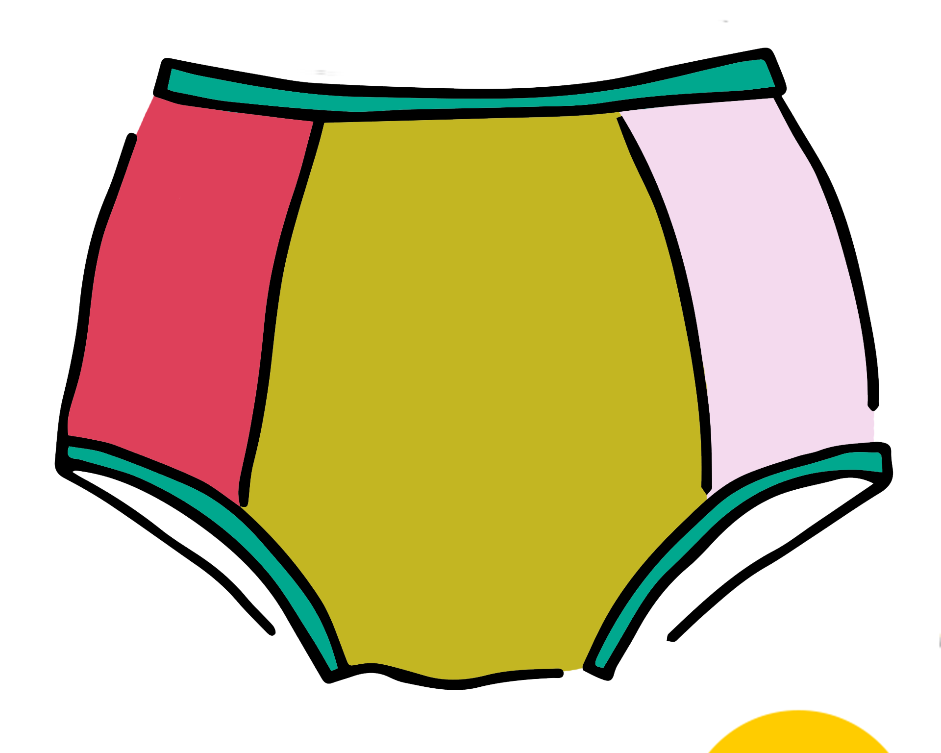 Drawing of Thunderpants Original style underwear in Original Color Block Panel Pants - different solid colors.