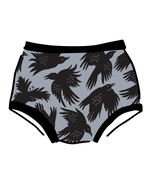 Drawing of Thunderpants Original style underwear in So it Crows - black crows on grey. 