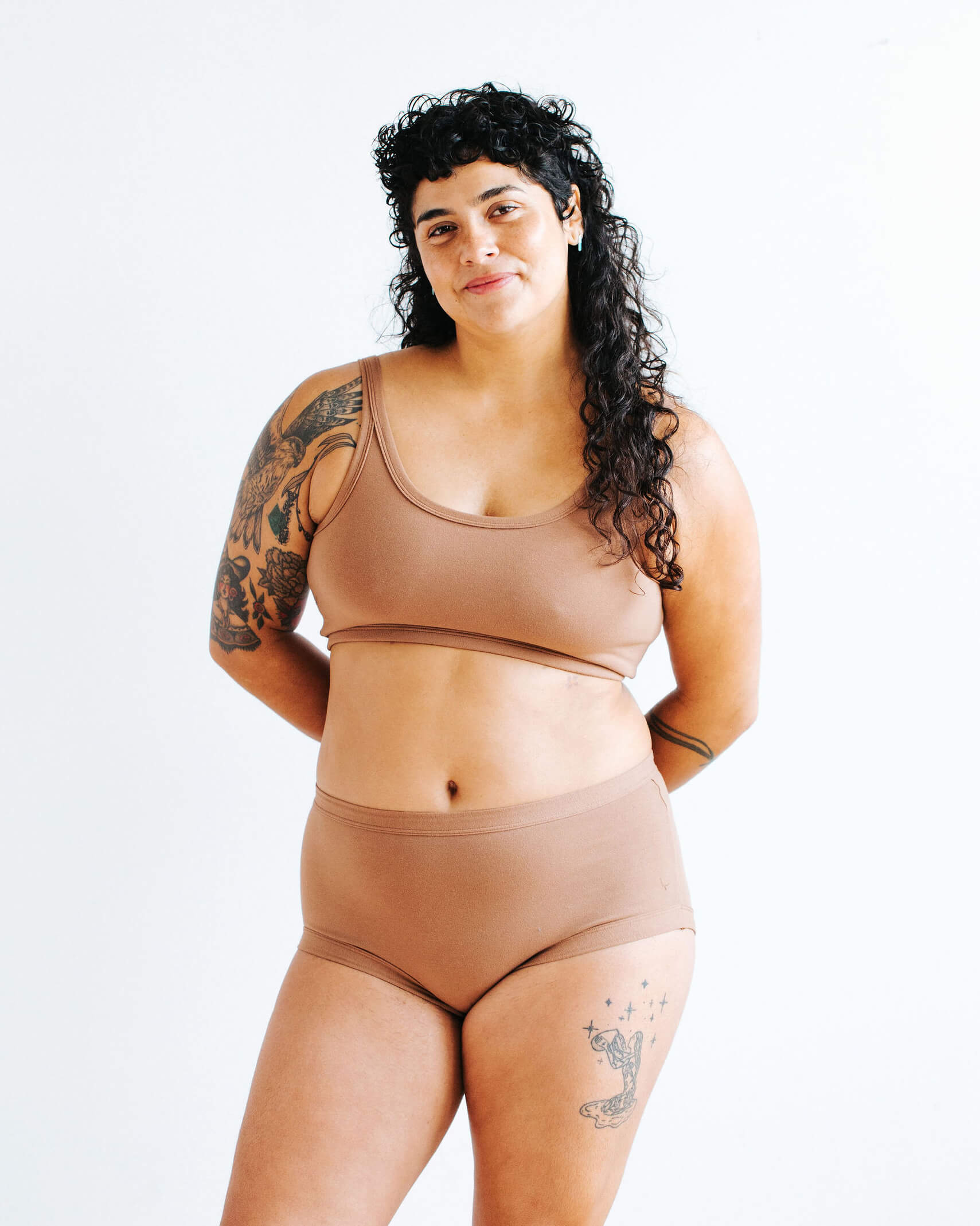 Model wearing Thunderpants Original style underwear and Longline Bra in Hazelnut color.