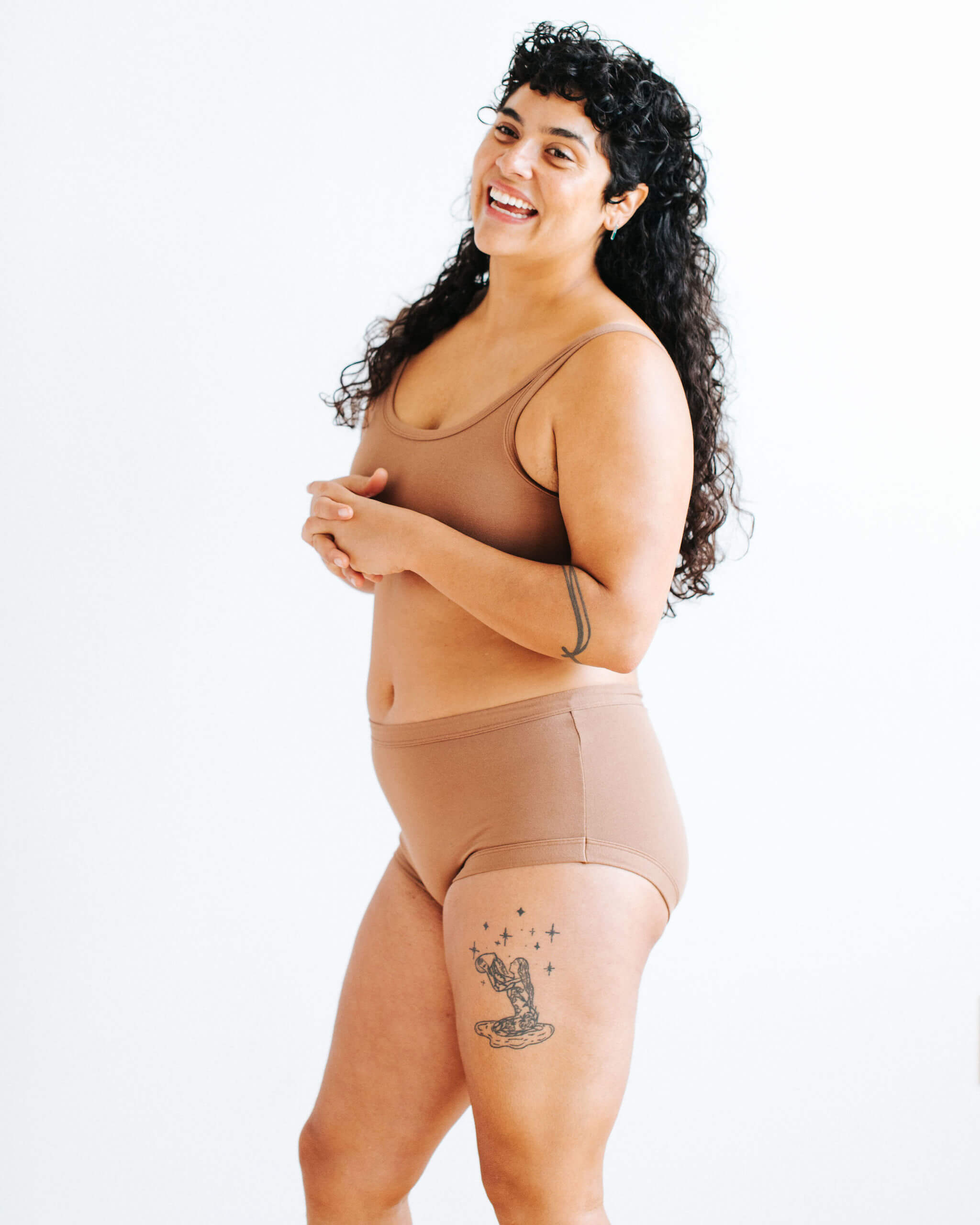 Model wearing Thunderpants Original style underwear and Longline Bra in Hazelnut color.