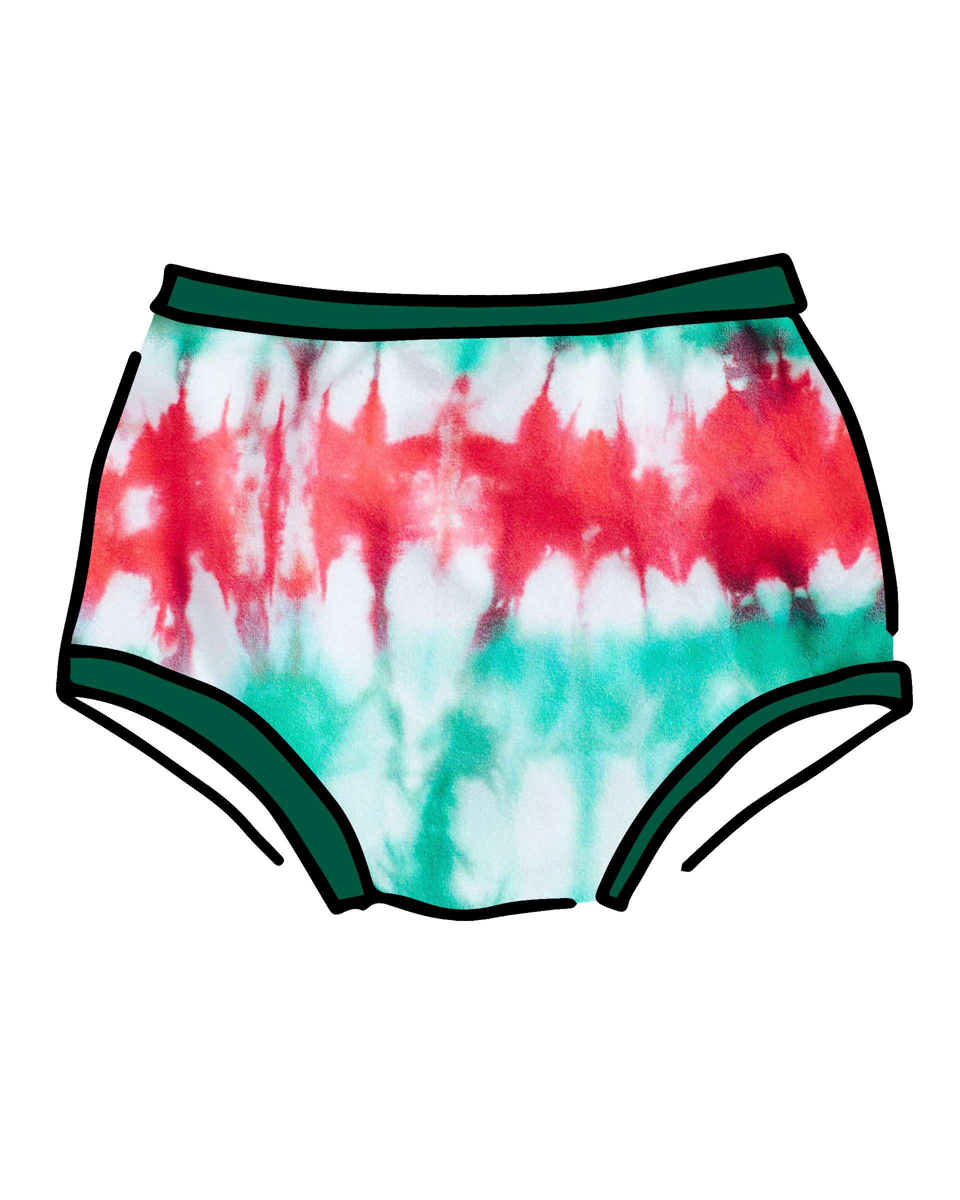 Drawing of Thunderpants Original style underwear in Holiday Dye - red and green tie dye with green binding. 