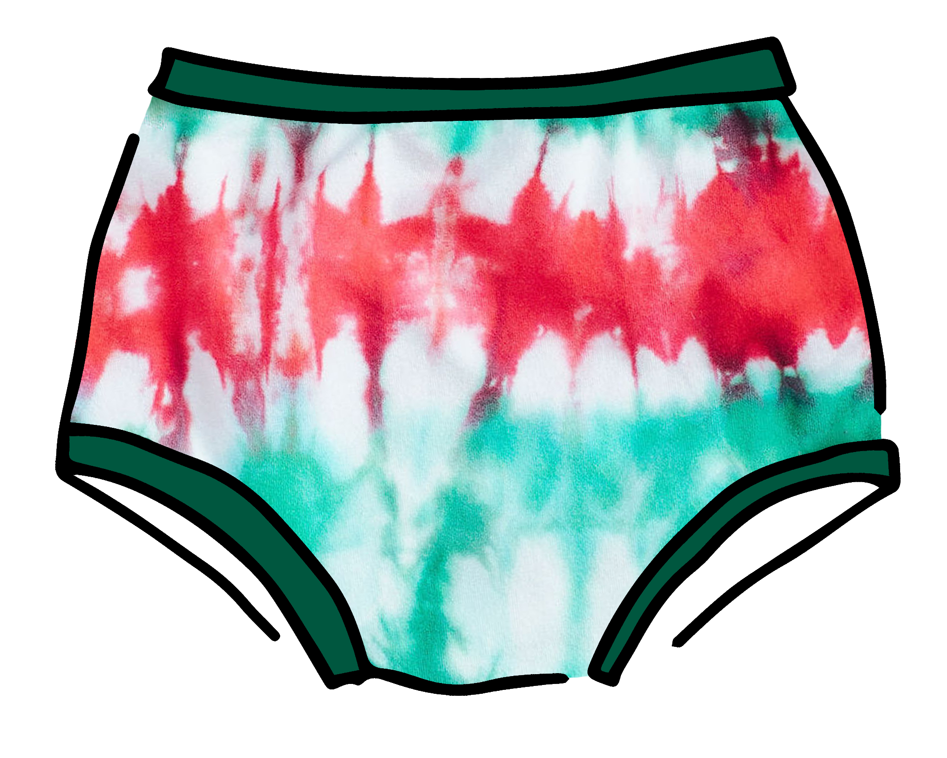 Drawing of Thunderpants Original style underwear in Holiday Dye - red and green tie dye with green binding. 