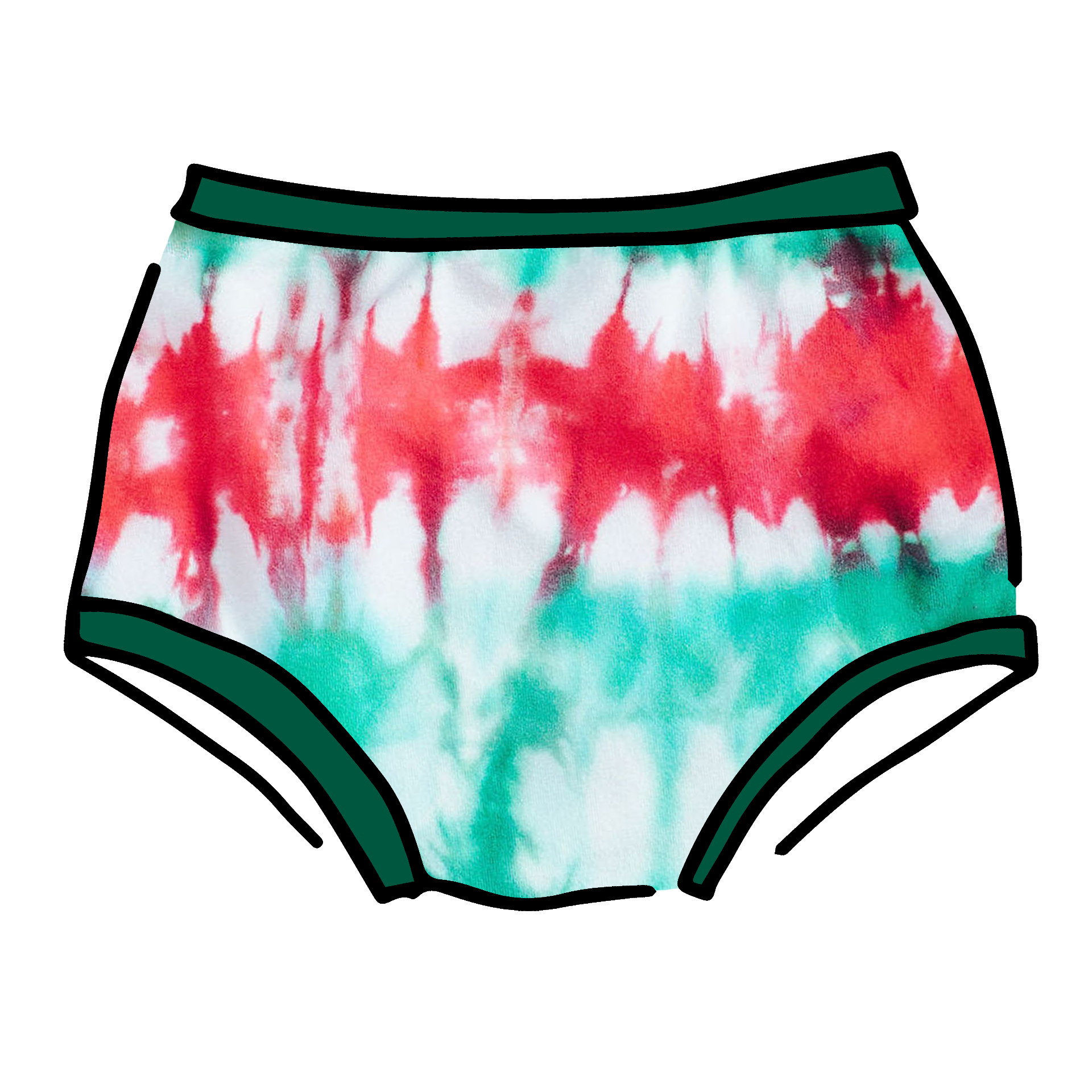 Drawing of Thunderpants Original style underwear in Holiday Dye - red and green tie dye with green binding. 