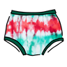 Drawing of Thunderpants Original style underwear in Holiday Dye - red and green tie dye with green binding. 