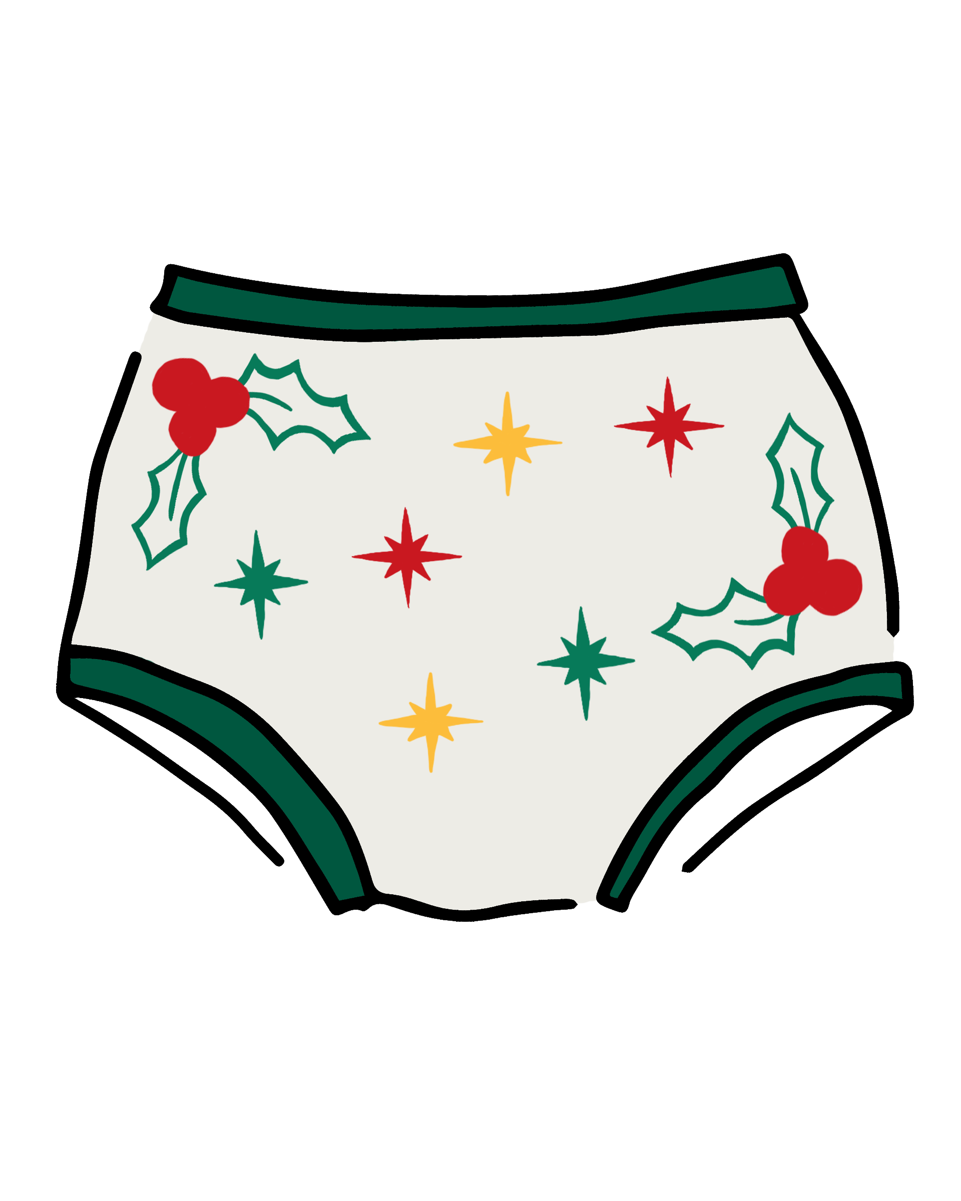 Drawing of Thunderpants Original style underwear in Holly Holiday handprint.