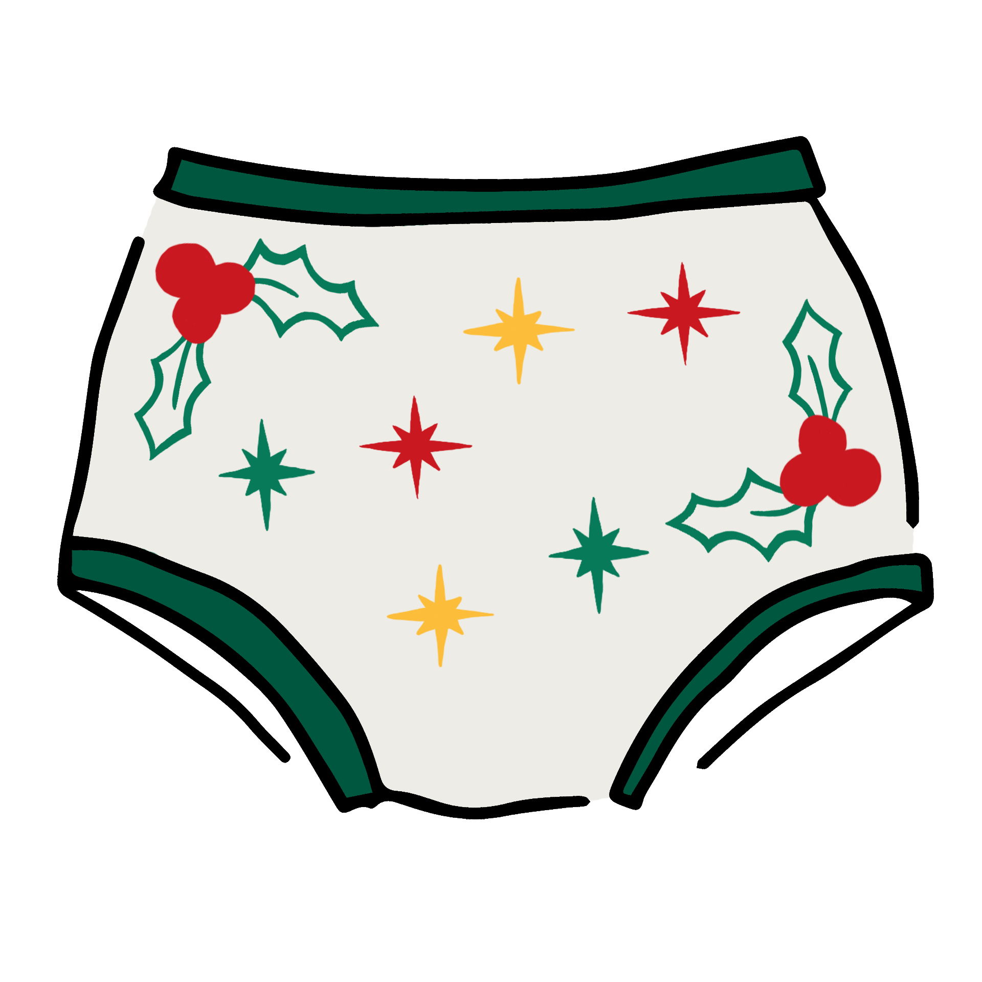 Drawing of Thunderpants Original style underwear in Holly Holiday handprint.