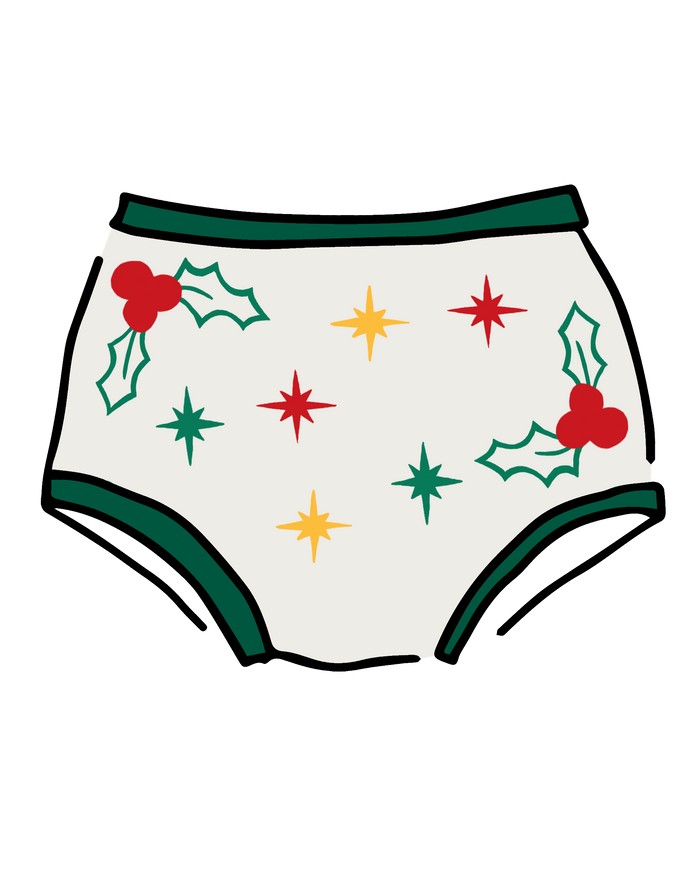 Drawing of Thunderpants Original style underwear in Holly Holiday handprint.