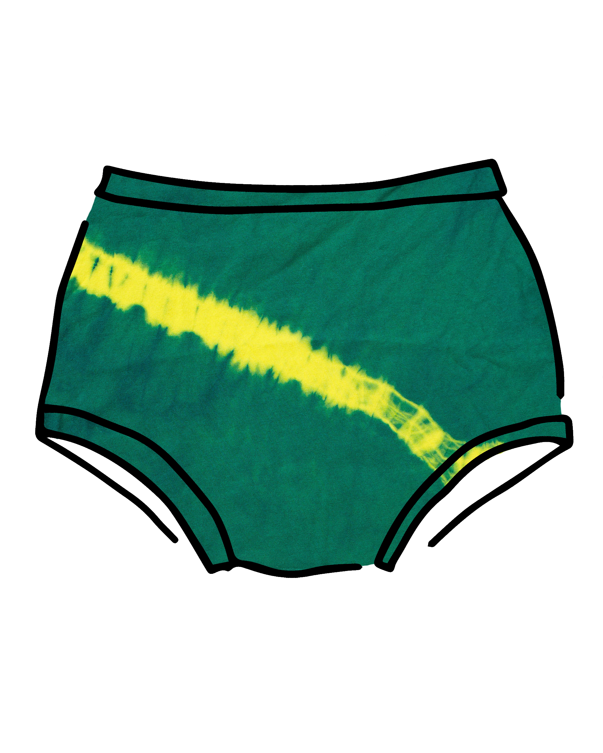 Drawing of Thunderpants Original style underwear in Lightning Bolt hand dye - blue/green with yellow stripe.