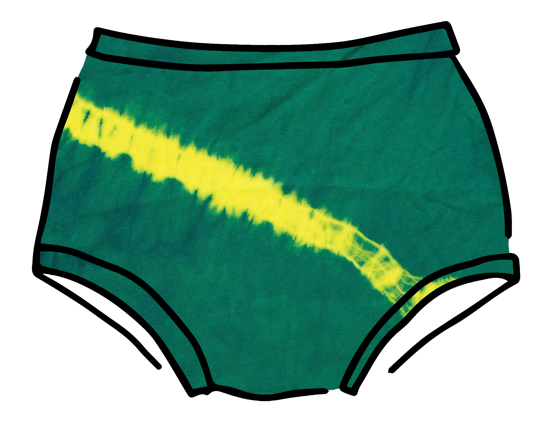 Drawing of Thunderpants Original style underwear in Lightning Bolt hand dye - blue/green with yellow stripe.