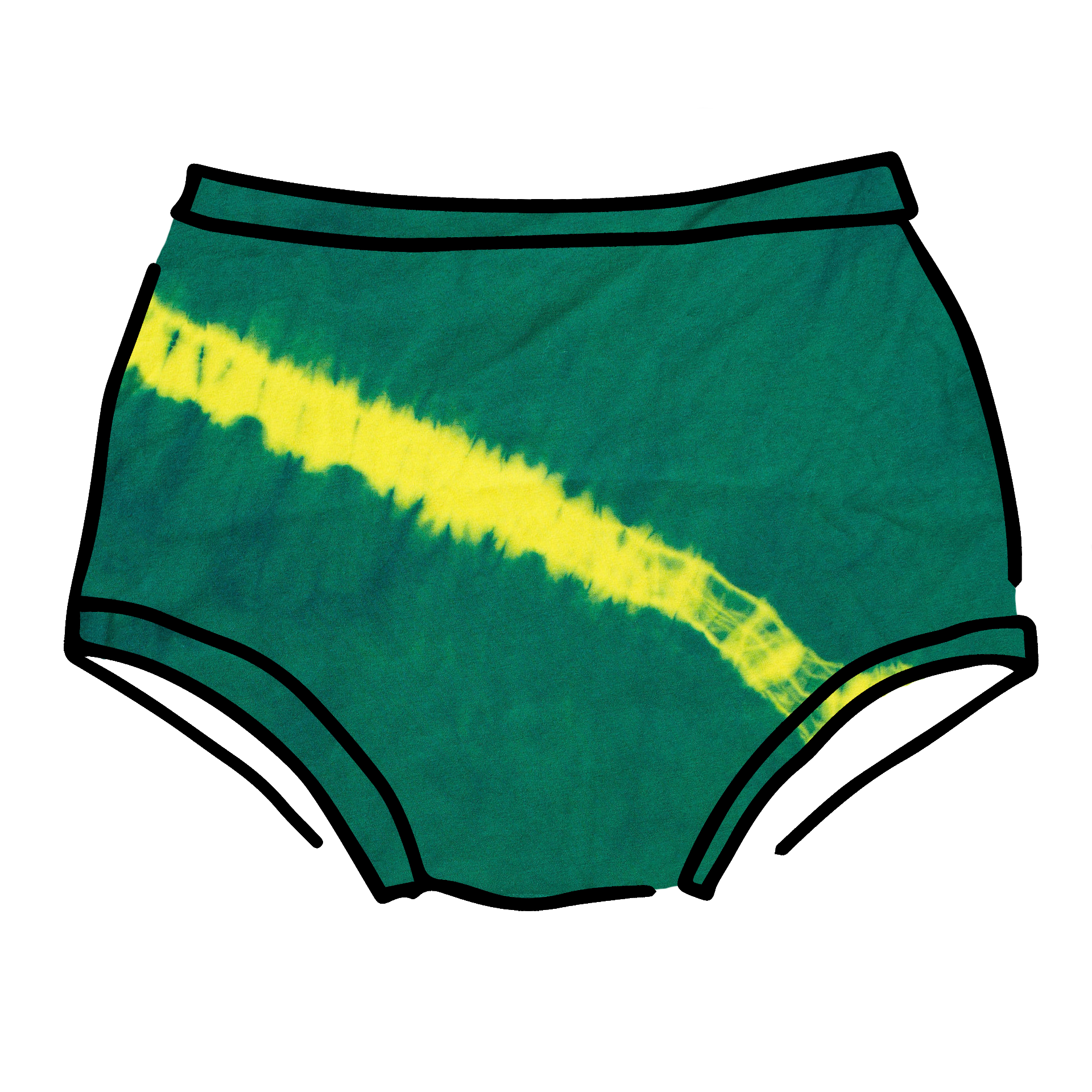 Drawing of Thunderpants Original style underwear in Lightning Bolt hand dye - blue/green with yellow stripe.