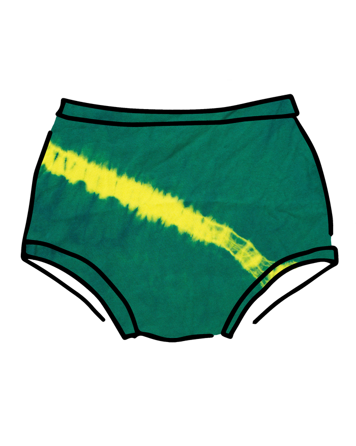 Drawing of Thunderpants Original style underwear in Lightning Bolt hand dye - blue/green with yellow stripe.