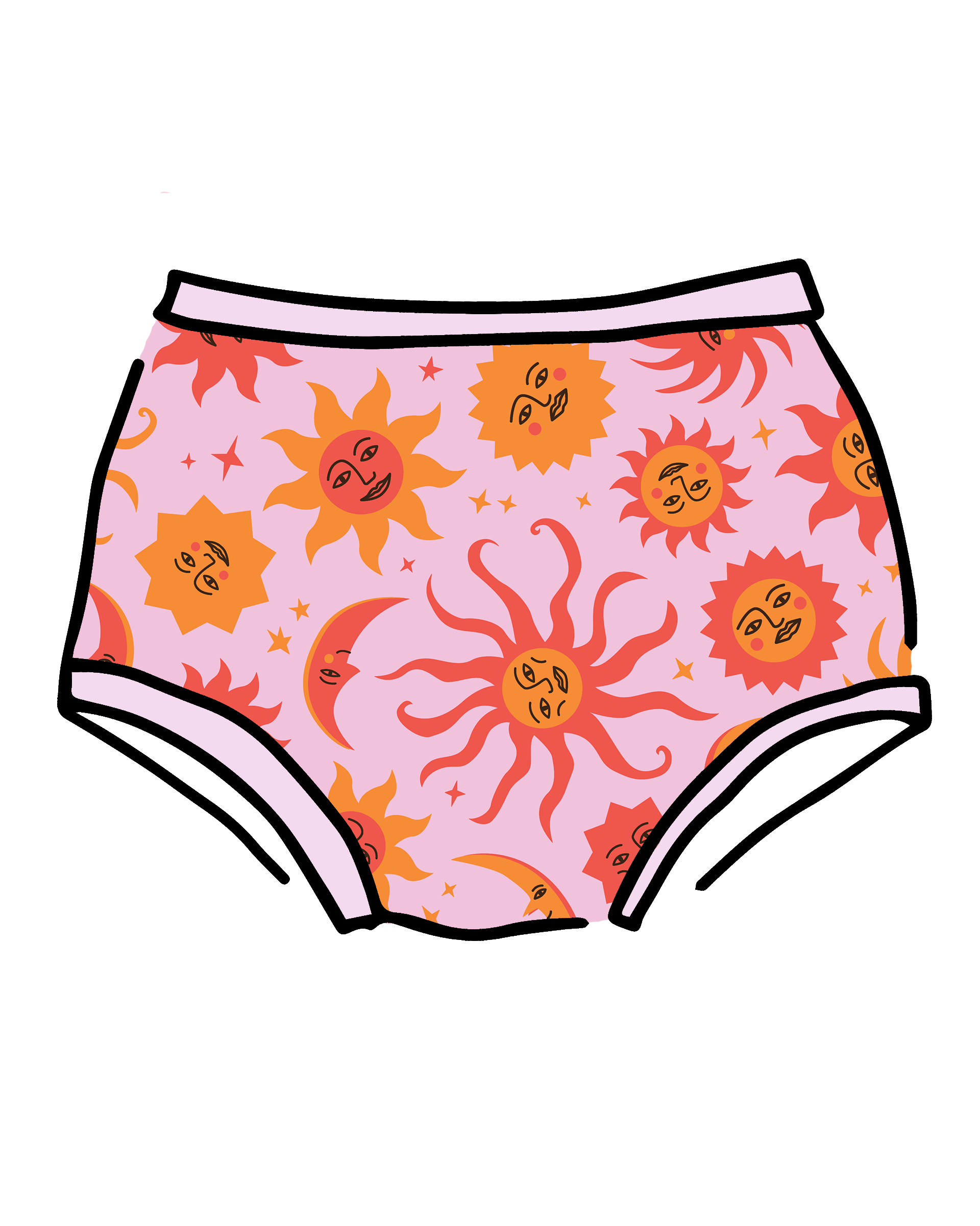 Drawing of Thunderpants Original style underwear in Luna Y Sol print - pink, yellow, and orange suns and moons.