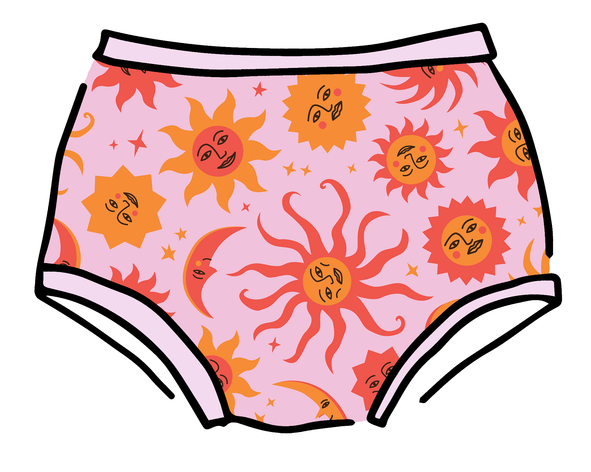 Drawing of Thunderpants Original style underwear in Luna Y Sol print - pink, yellow, and orange suns and moons.
