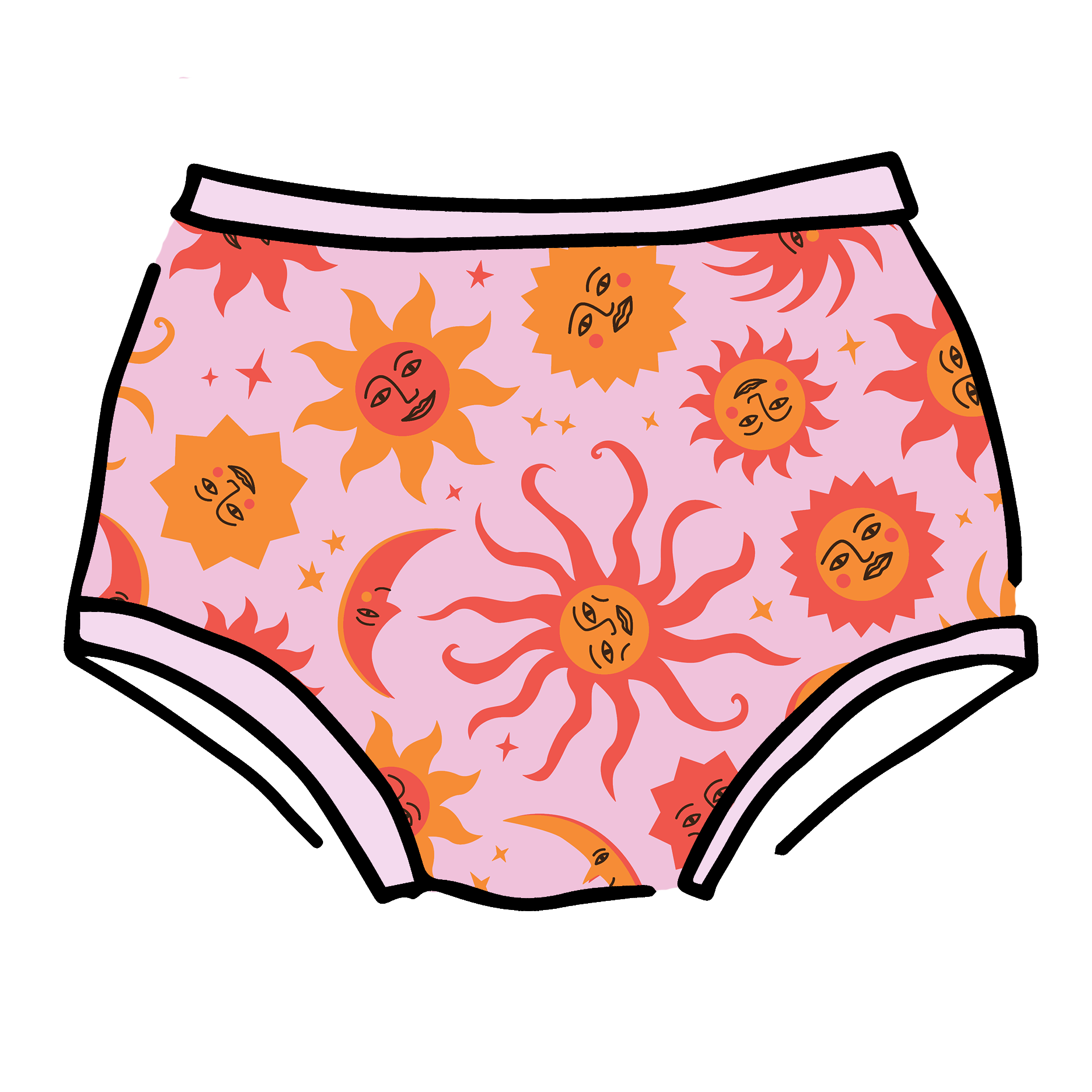 Drawing of Thunderpants Original style underwear in Luna Y Sol print - pink, yellow, and orange suns and moons.