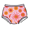 Drawing of Thunderpants Original style underwear in Luna Y Sol print - pink, yellow, and orange suns and moons.