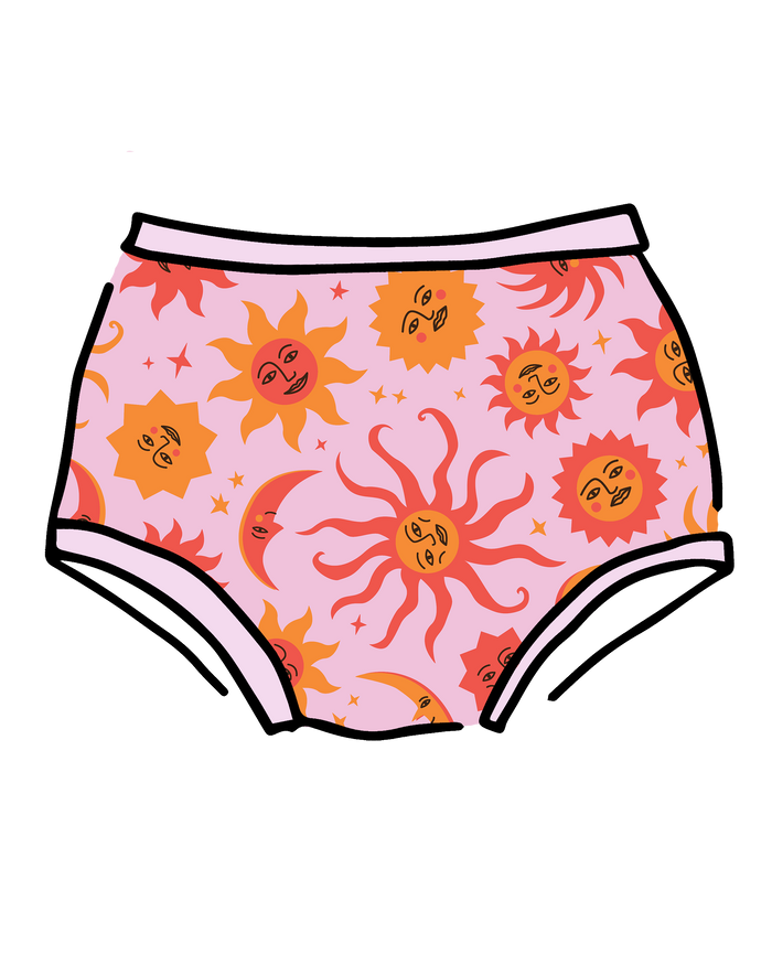 Drawing of Thunderpants Original style underwear in Luna Y Sol print - pink, yellow, and orange suns and moons.