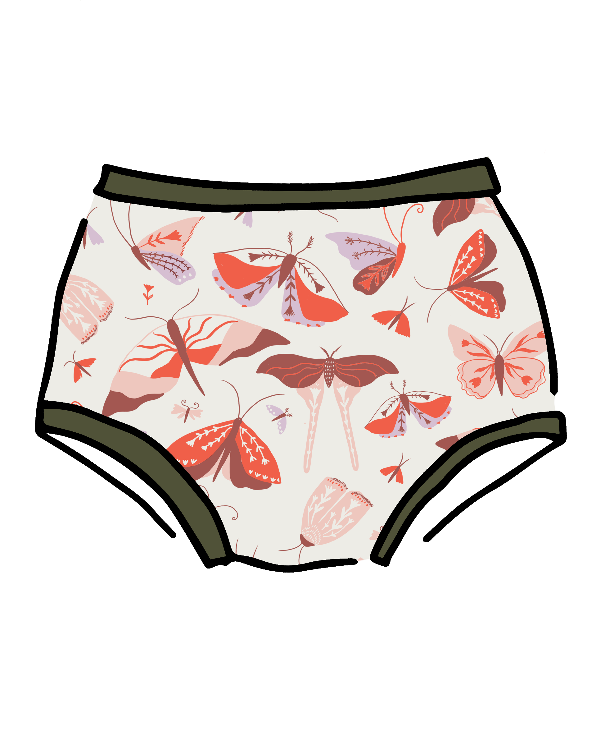 Drawing of Thunderpants Original style underwear in Field Study: a moth print in red, orange, pink, and purple bound in green.