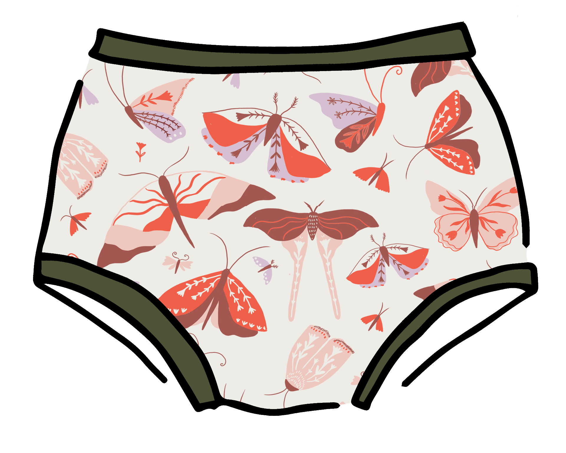 Drawing of Thunderpants Original style underwear in Field Study: a moth print in red, orange, pink, and purple bound in green.