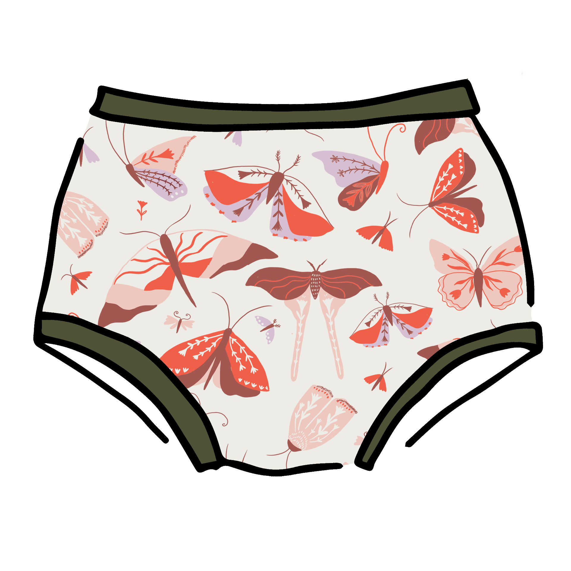 Drawing of Thunderpants Original style underwear in Field Study: a moth print in red, orange, pink, and purple bound in green.