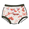 Drawing of Thunderpants Original style underwear in Field Study: a moth print in red, orange, pink, and purple bound in green.