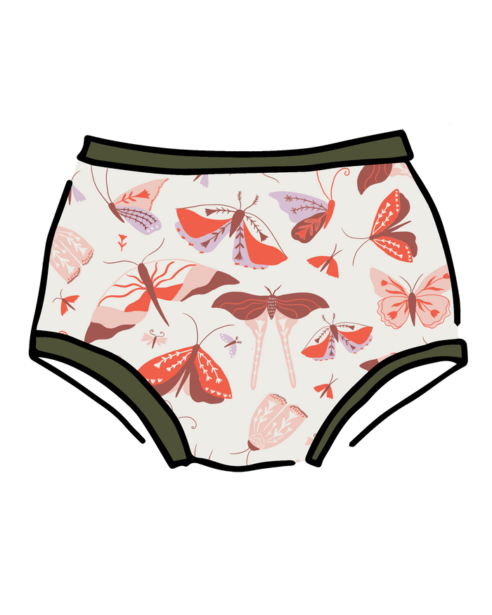 Drawing of Thunderpants Original style underwear in Field Study: a moth print in red, orange, pink, and purple bound in green.