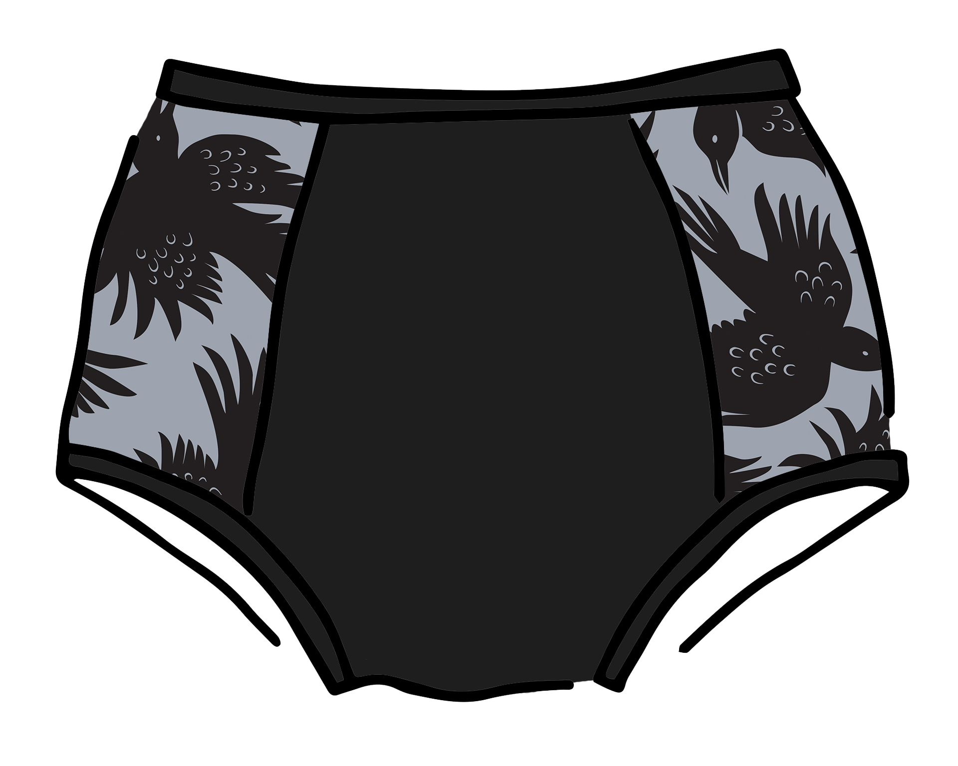 Drawing of Thudnerpants Original Panel Pants style underwear in So it Crows - black crows with grey background one the sides and black on front and back. 