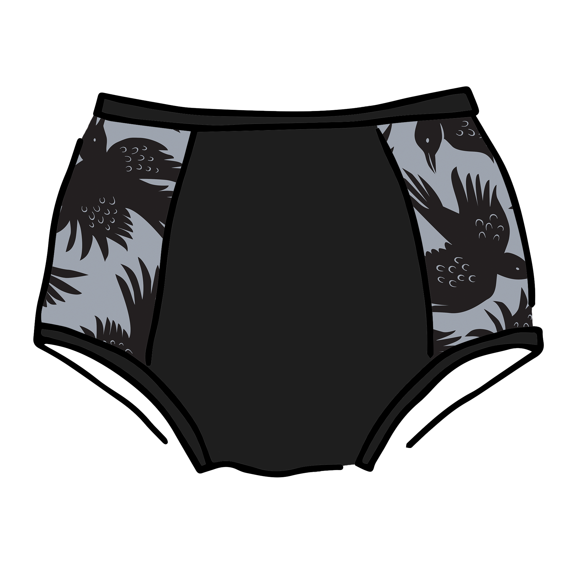Drawing of Thudnerpants Original Panel Pants style underwear in So it Crows - black crows with grey background one the sides and black on front and back. 