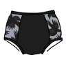 Drawing of Thudnerpants Original Panel Pants style underwear in So it Crows - black crows with grey background one the sides and black on front and back. 