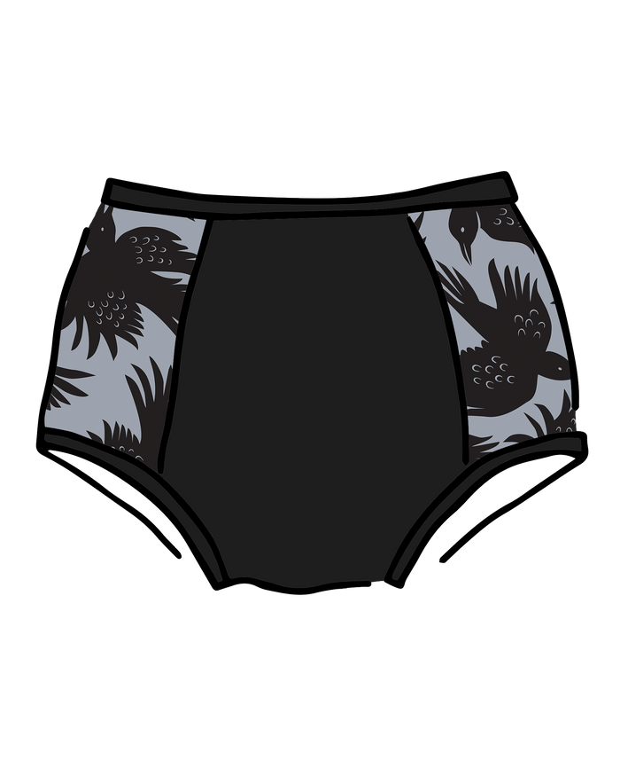 Drawing of Thudnerpants Original Panel Pants style underwear in So it Crows - black crows with grey background one the sides and black on front and back. 