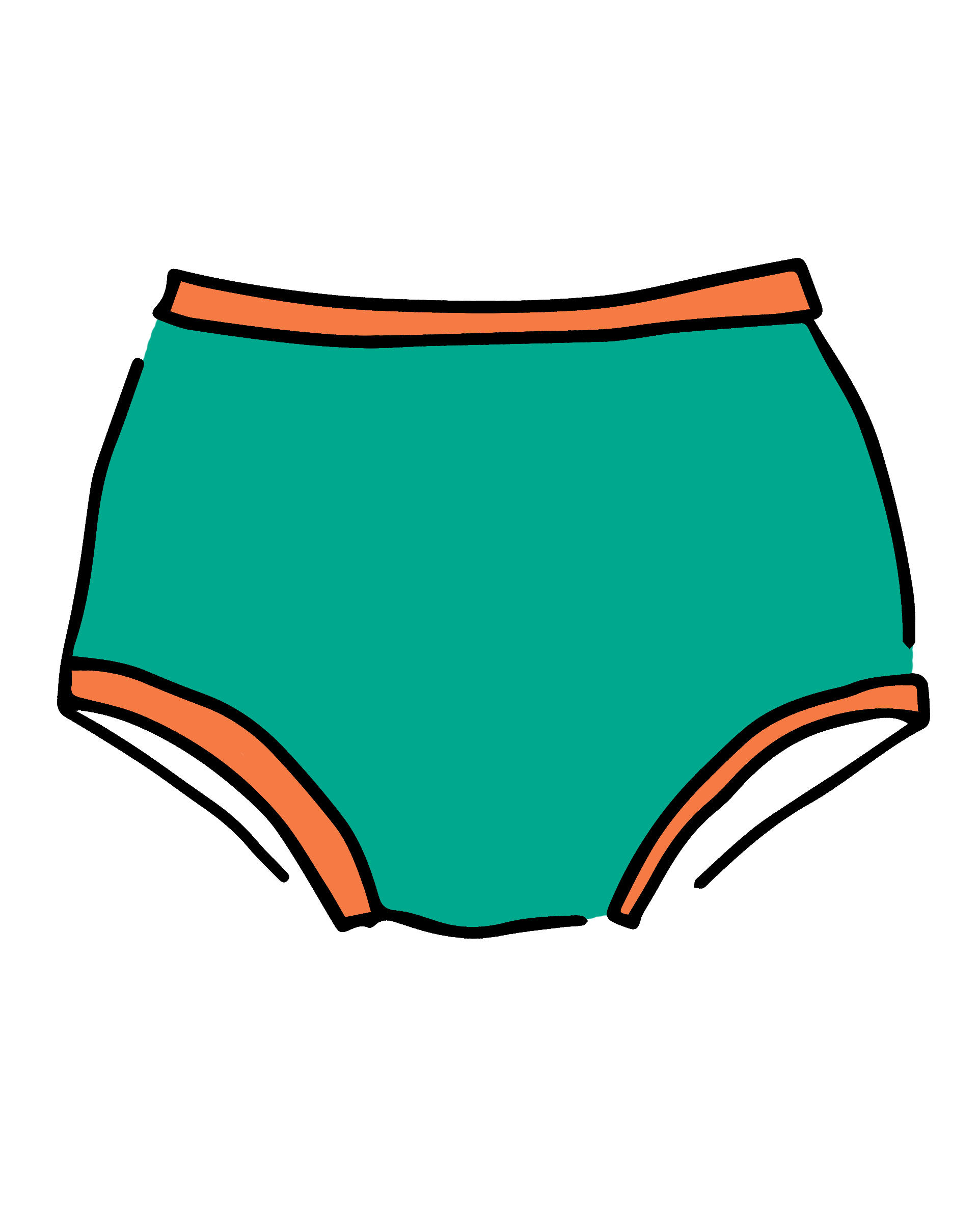 Drawing of Thunderpants Original style underwear in Bird in Paradise - peacock green with orange binding.