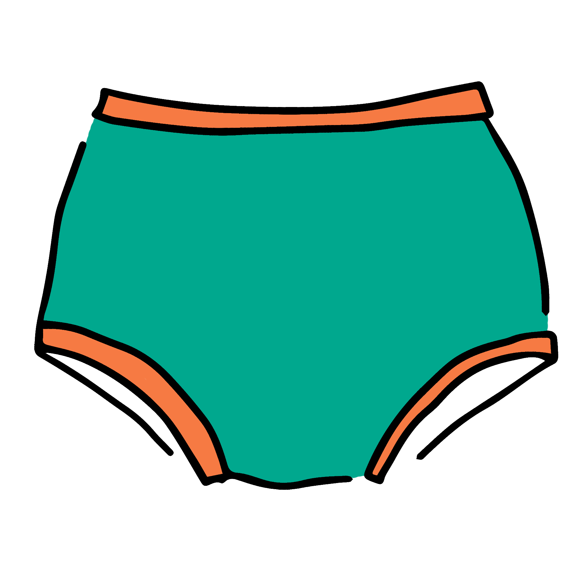 Drawing of Thunderpants Original style underwear in Bird in Paradise - peacock green with orange binding.