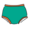 Drawing of Thunderpants Original style underwear in Bird in Paradise - peacock green with orange binding.
