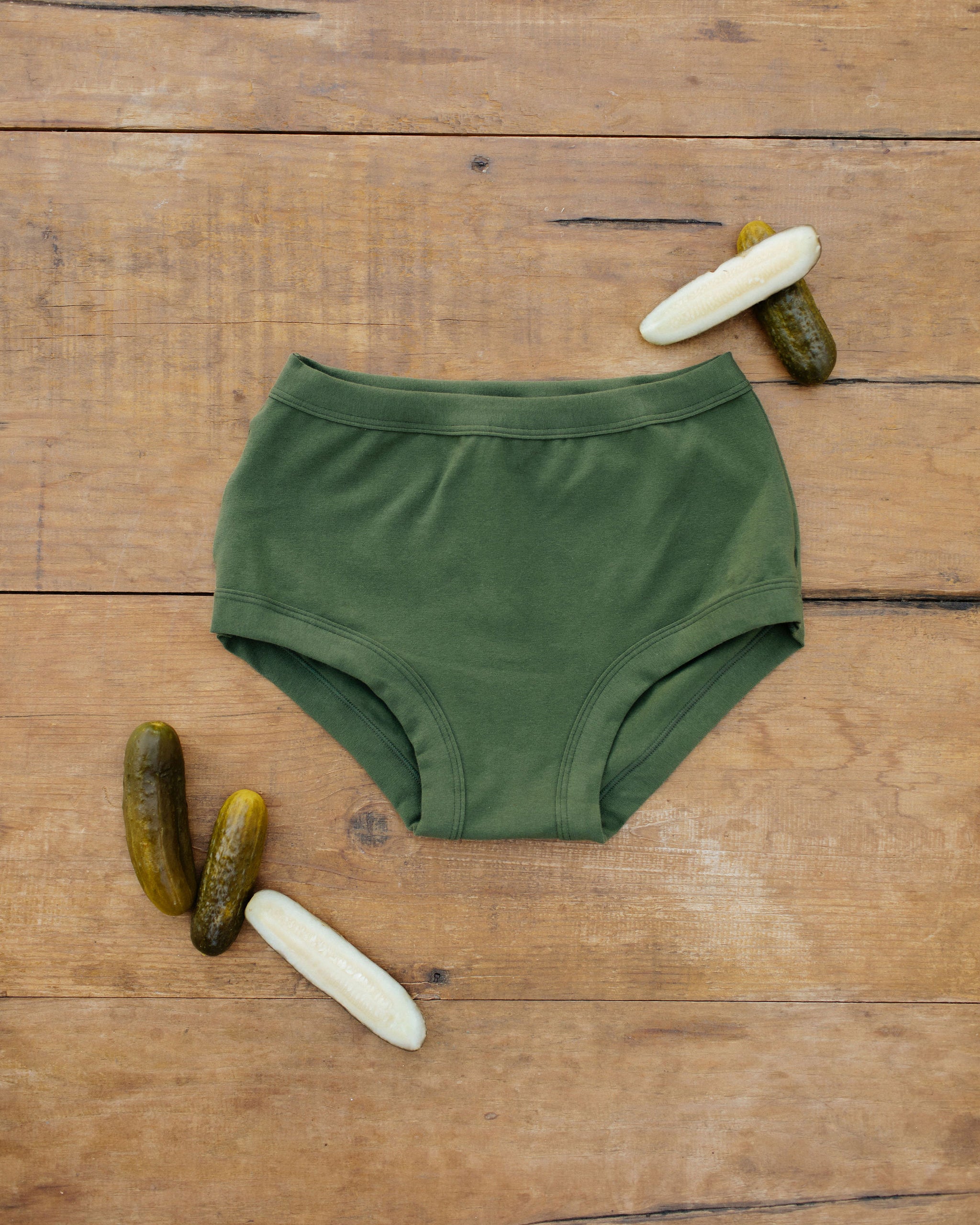 Flat lay of Thunderpants Original style underwear in Pickled Green.