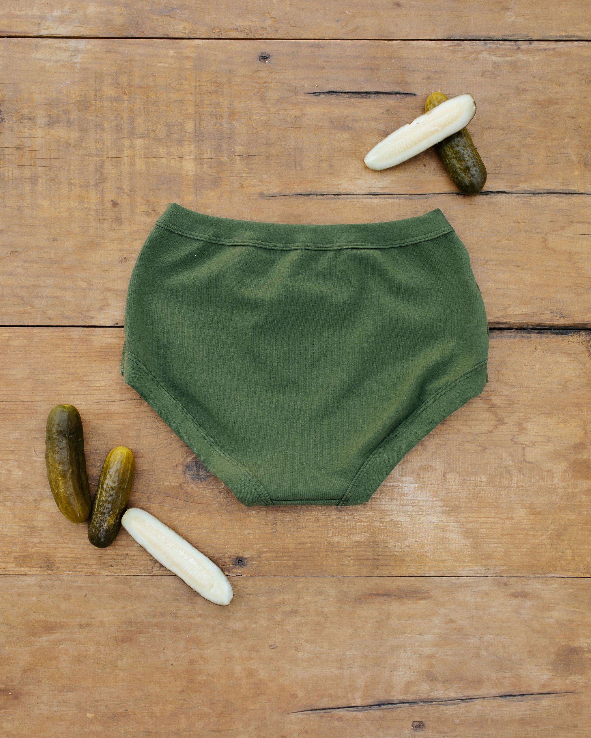 Flat lay of Thunderpants Original style underwear in Pickled Green.