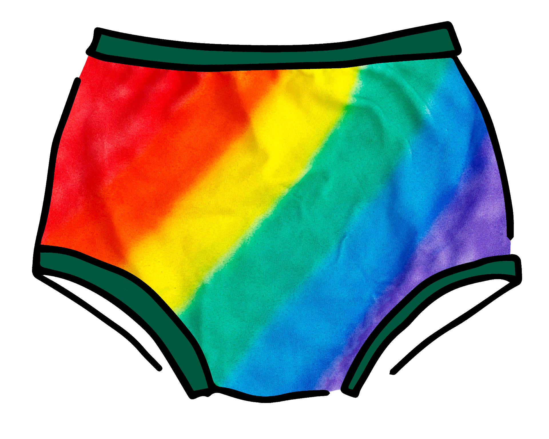 Drawing of Thunderpants organic cotton Original style underwear in hand painted rainbow stripes for Pride.