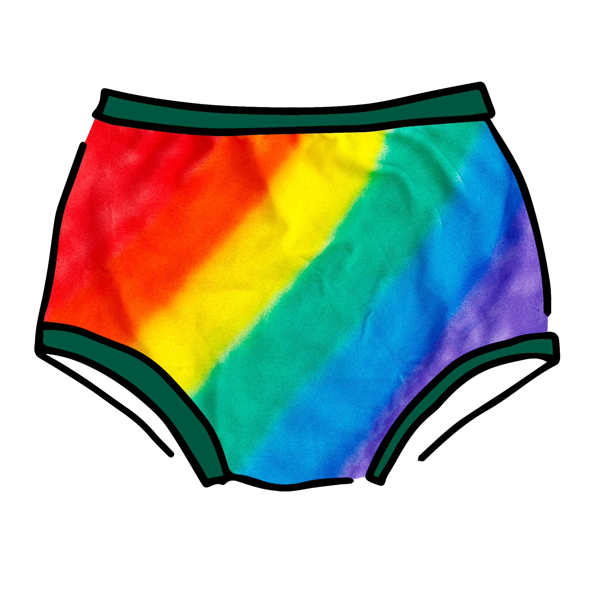 Drawing of Thunderpants organic cotton Original style underwear in hand painted rainbow stripes for Pride.