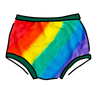 Drawing of Thunderpants organic cotton Original style underwear in hand painted rainbow stripes for Pride.